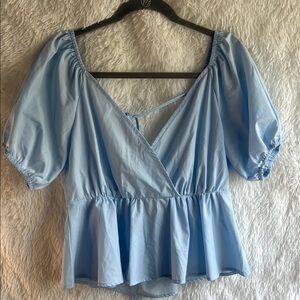 Powder Blue Wrap Peplum Puff Sleeve Blouse
